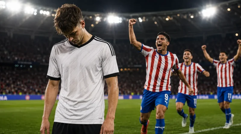 Germany player looks disappointed as Paraguay players celebrate in a stadium after Paraguay knock Germany out of the FIFA World Cup on penalties.