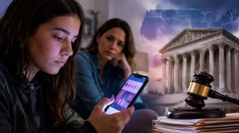 Teen looking at a smartphone while a concerned parent watches, with a courthouse, gavel, and legal documents symbolizing the Meta child addiction lawsuit.