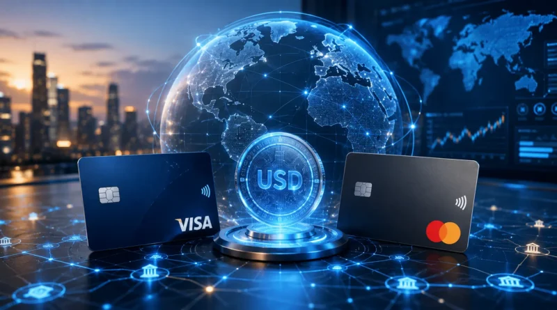Visa Mastercard Open USD stablecoin concept showing digital payment cards, a glowing USD token, and a global blockchain network for cross-border finance.