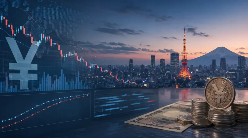 Asian financial market banner showing Tokyo skyline, yen currency symbols, coins, bonds, and falling stock charts as investors turn cautious.