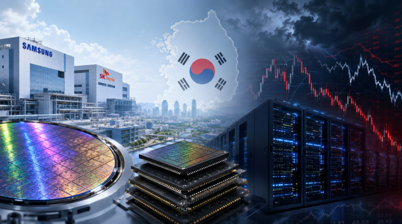South Korea chip investment concept showing semiconductor wafer, AI memory chips, data centers and futuristic technology infrastructure.