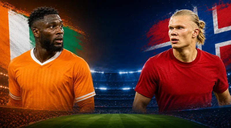 Ivory Coast vs Norway FIFA World Cup Round of 32 match poster featuring two football players, national colors, stadium background, and kickoff details.