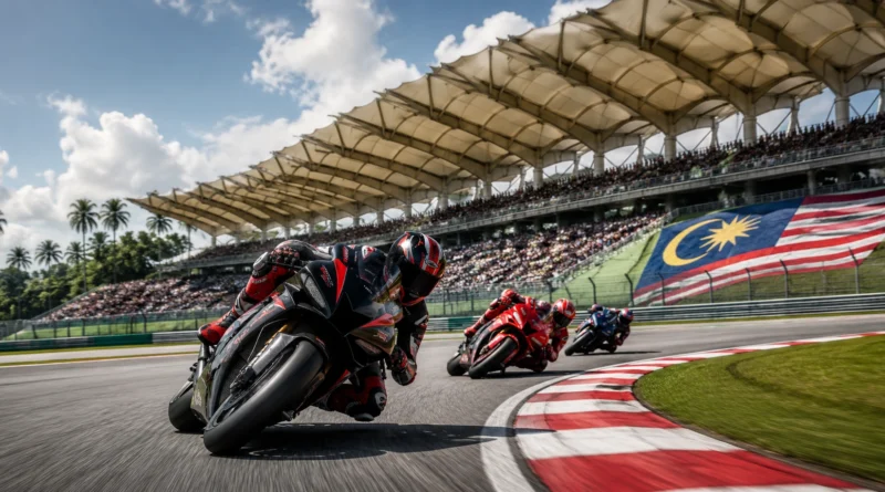 Alt Text: MotoGP riders racing through a corner at a Malaysian circuit with packed grandstands and a large Malaysian flag in the background.