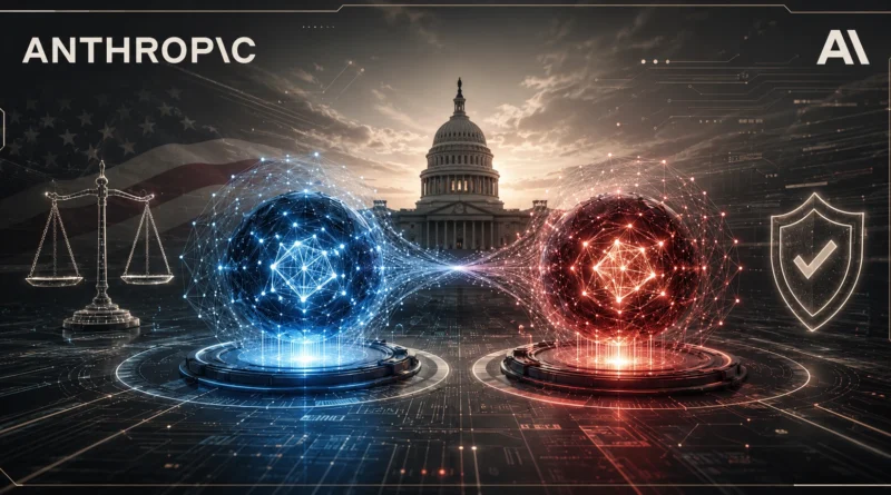Futuristic AI regulation banner showing two glowing neural-network spheres, the U.S. Capitol, digital security shield, and law scales symbolizing Anthropic Fable and Mythos AI model curbs being removed