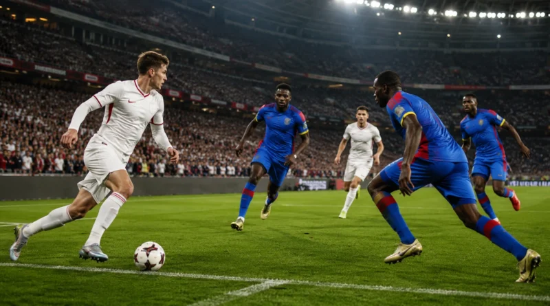 Generic England footballer in white attacking down the wing against DR Congo defenders in blue during a floodlit stadium match.