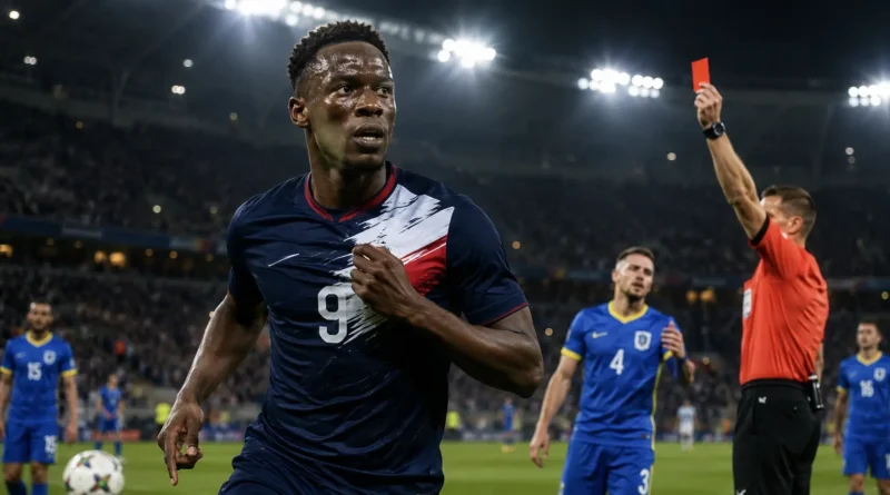 Folarin Balogun-inspired footballer in a USA-style kit as referee shows a red card during a dramatic stadium match.