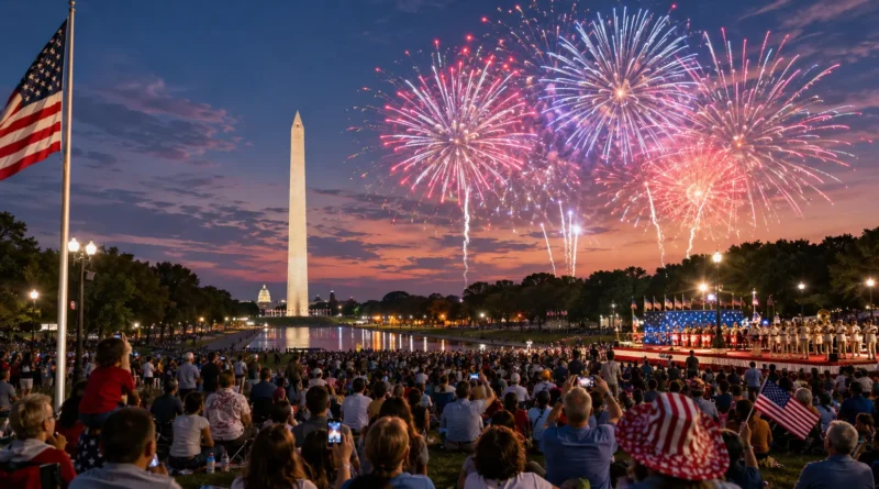 Fireworks light up the sky over the Washington Monument as crowds gather for the USA Independence Day Celebration 2026 in Washington, D.C.