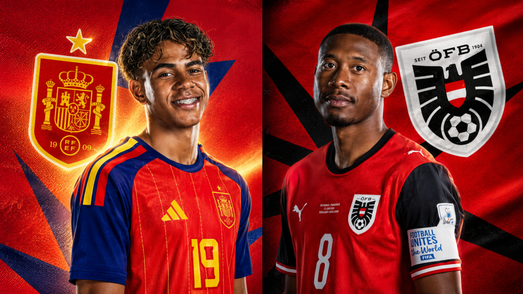 Spain vs Austria in the 2026 FIFA World Cup Round of 32, featuring players from both national teams with their federation crests against a dramatic red split background.